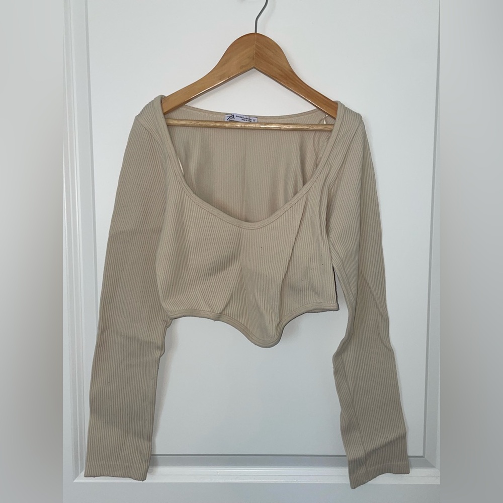 Zara Beige Ribbed Cropped Long Sleeve